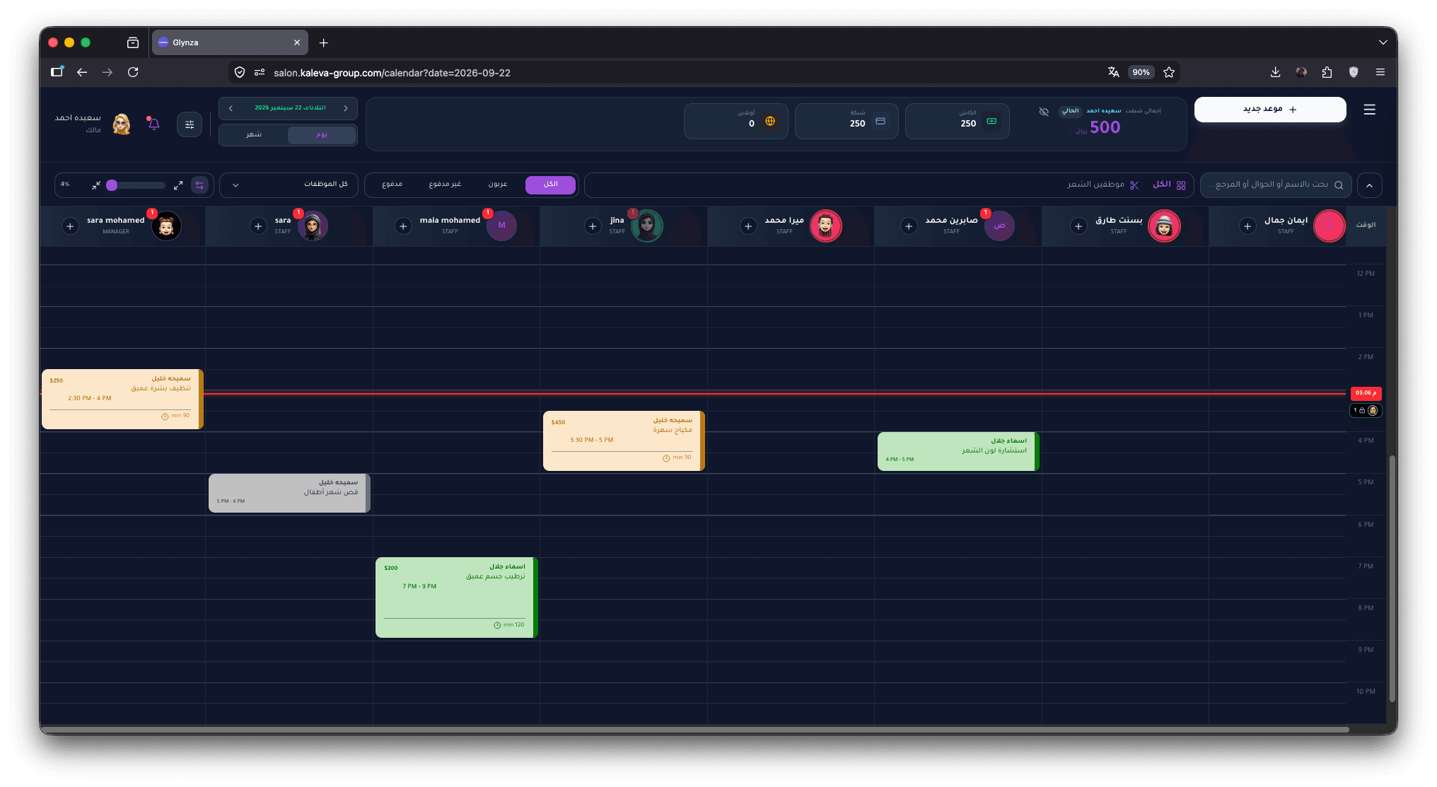 Glynza calendar screenshot showing salon appointments, team schedules, and daily income
