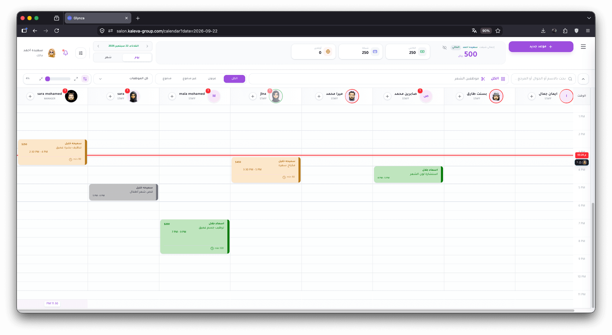 Glynza calendar screenshot showing salon appointments, team schedules, and daily income